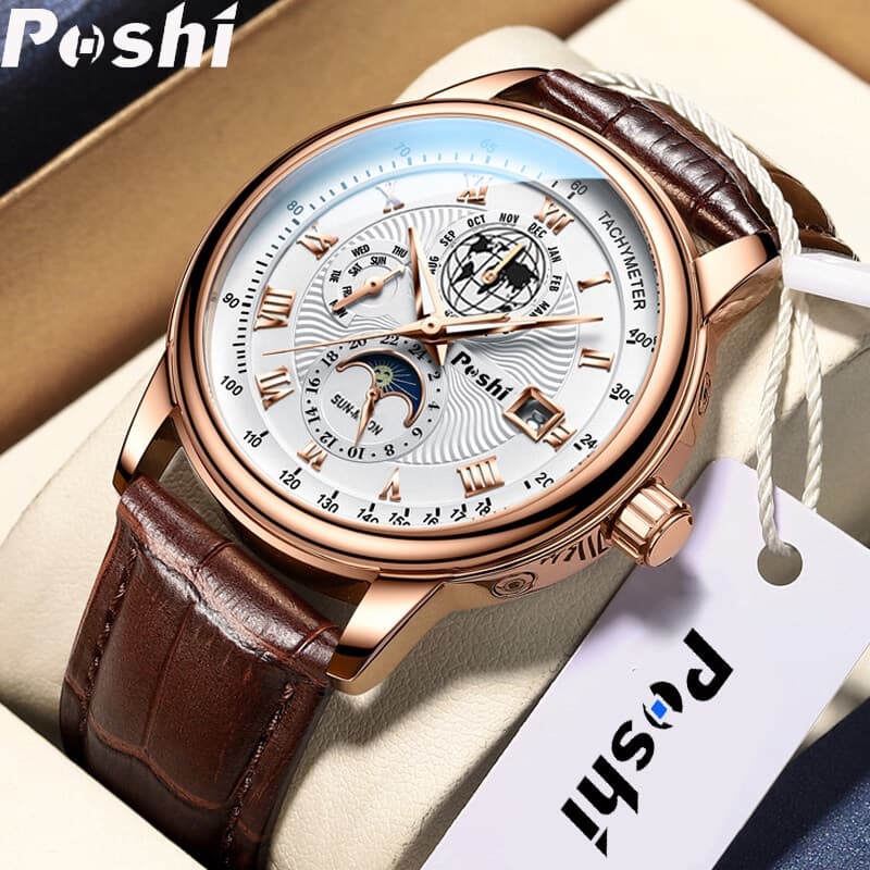 POSHI Men's Watch Leather Business Sport Waterproof Quartz Analog Watch jam tangan lelaki with box man's