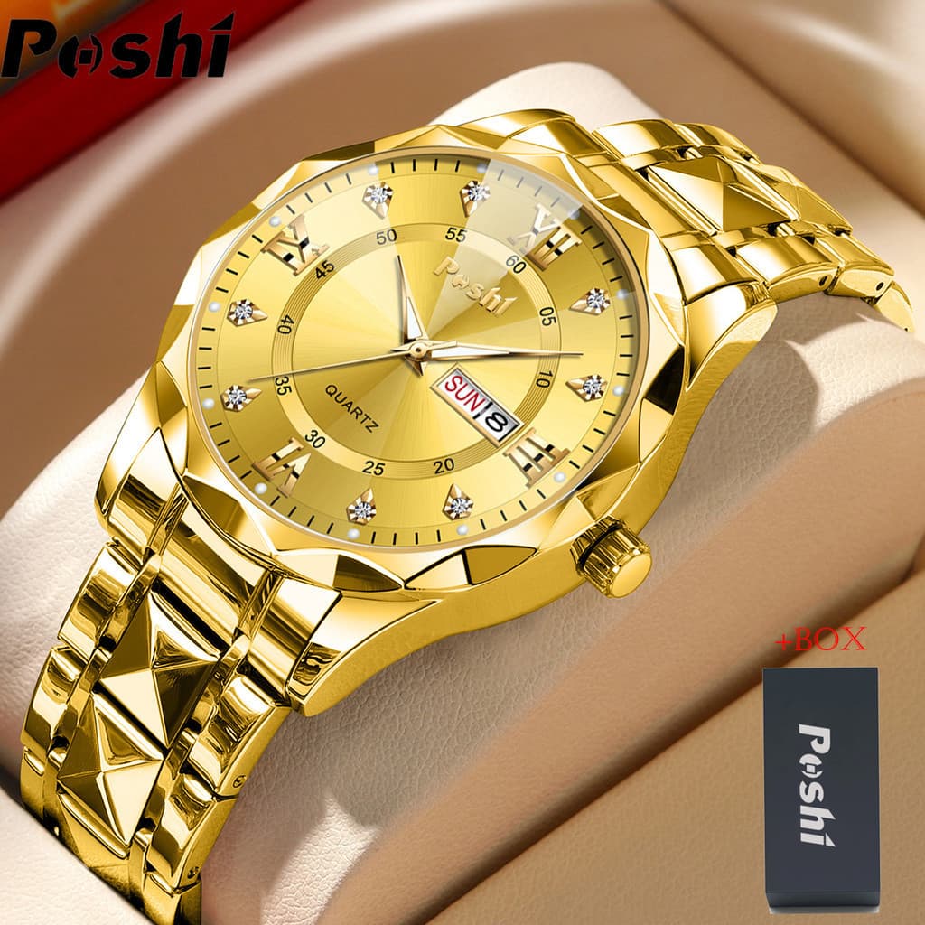 [With Box]POSHI Fashion Business Stainless Steel Luxury Mens Gold Watch Luminous Waterproof Automatic Date Swiss Quartz Wrist Watch for Men