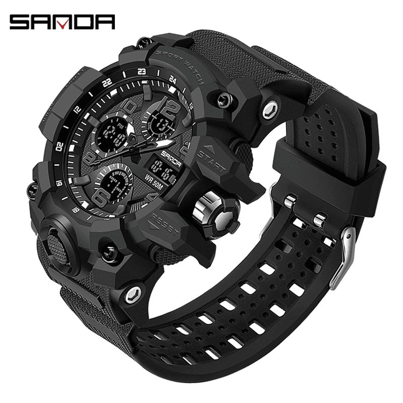 SANDA Sports Military Men's Watches Waterproof Dual Display Quartz Wristwatch for Male Clock Stopwatch
