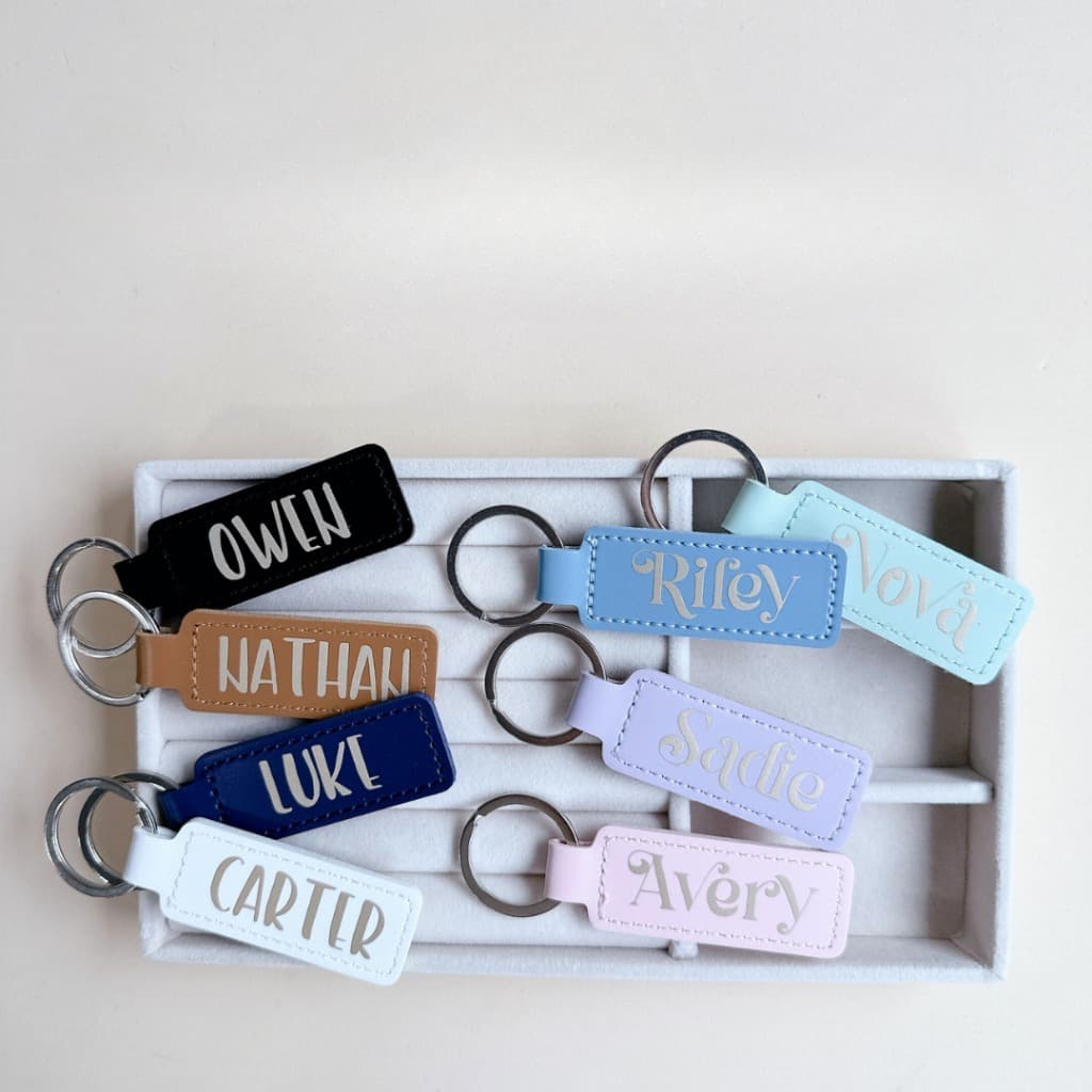 Personalised Customised Vegan Leather Silver Keychain Name Label Tag Bag Accessory Gift Present