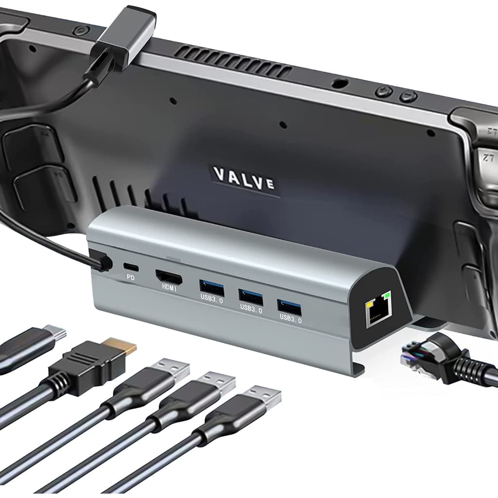 Steam Deck Dock 6-in-1 Steam Deck ROG Ally Docking Station with HDMI 2.0 4k@60Hz, Gigabit Ethernet, 3xUSB 3.0 and USB-C