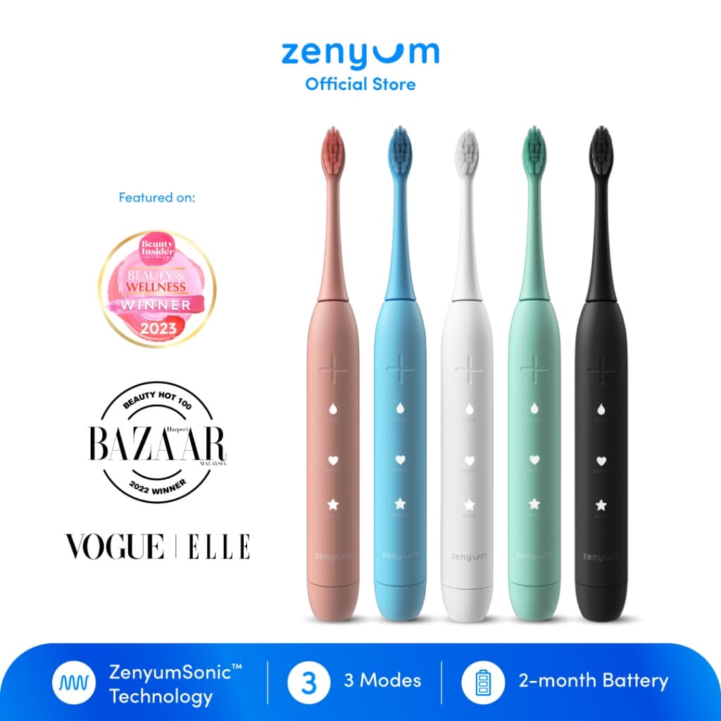 Zenyum Sonic Electric Toothbrush -  Black/White/Pink/Blue/Green (Designed in Singapore/Sonic Vibrations/1 Year Warranty)